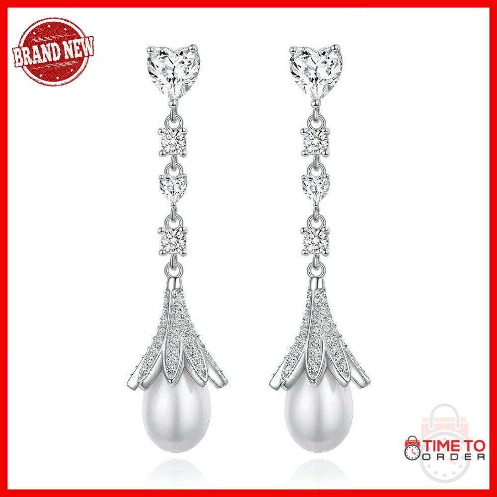 Sterling Silver Lily Pearl Dangle Earrings Wedding Bridal Prom Women